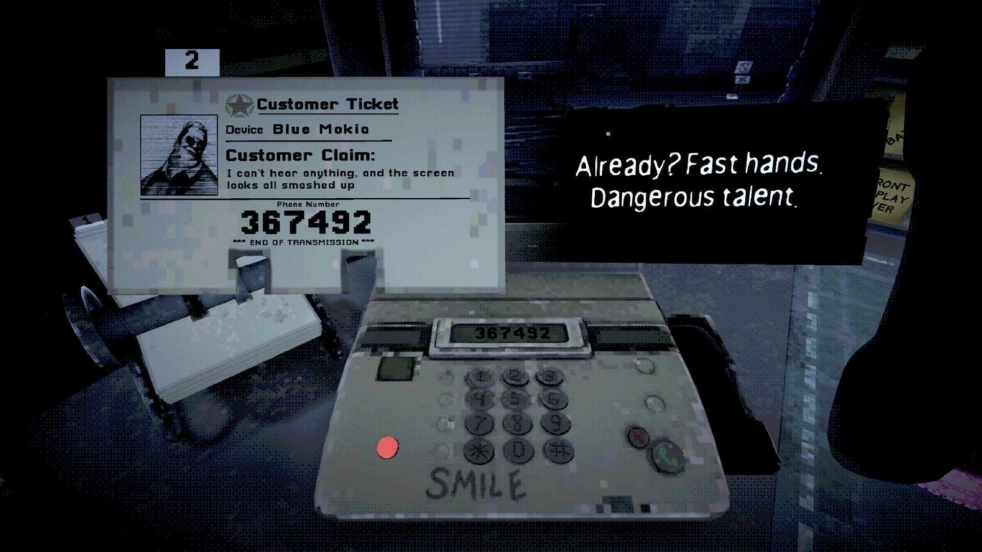 Don’t Pick Up: Customer ticket UI and phone keypad with number 367492 on a dim repair desk.