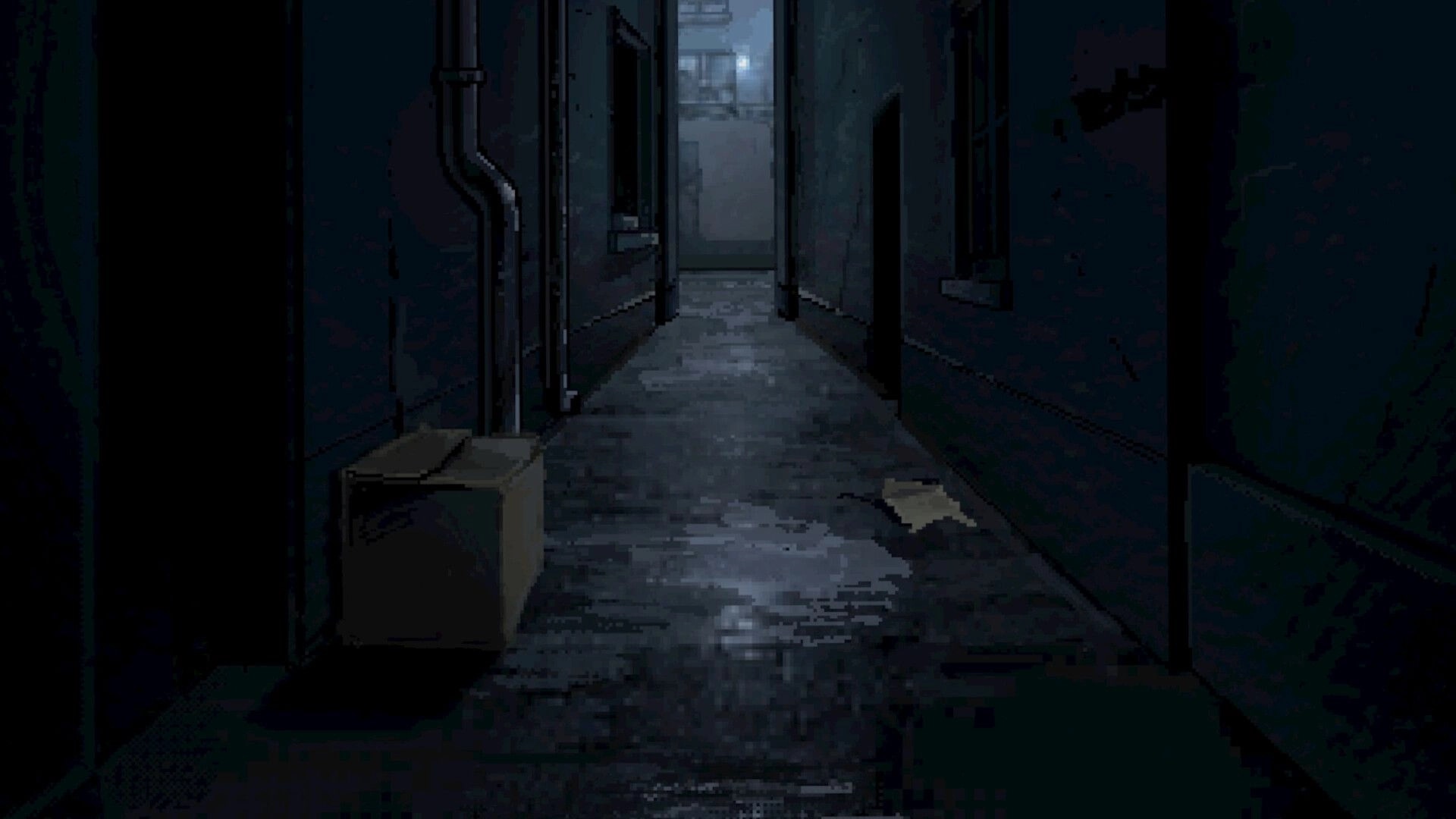 Don’t Pick Up: First-person view down a dim corridor with pipes, boxes, and a door ahead.