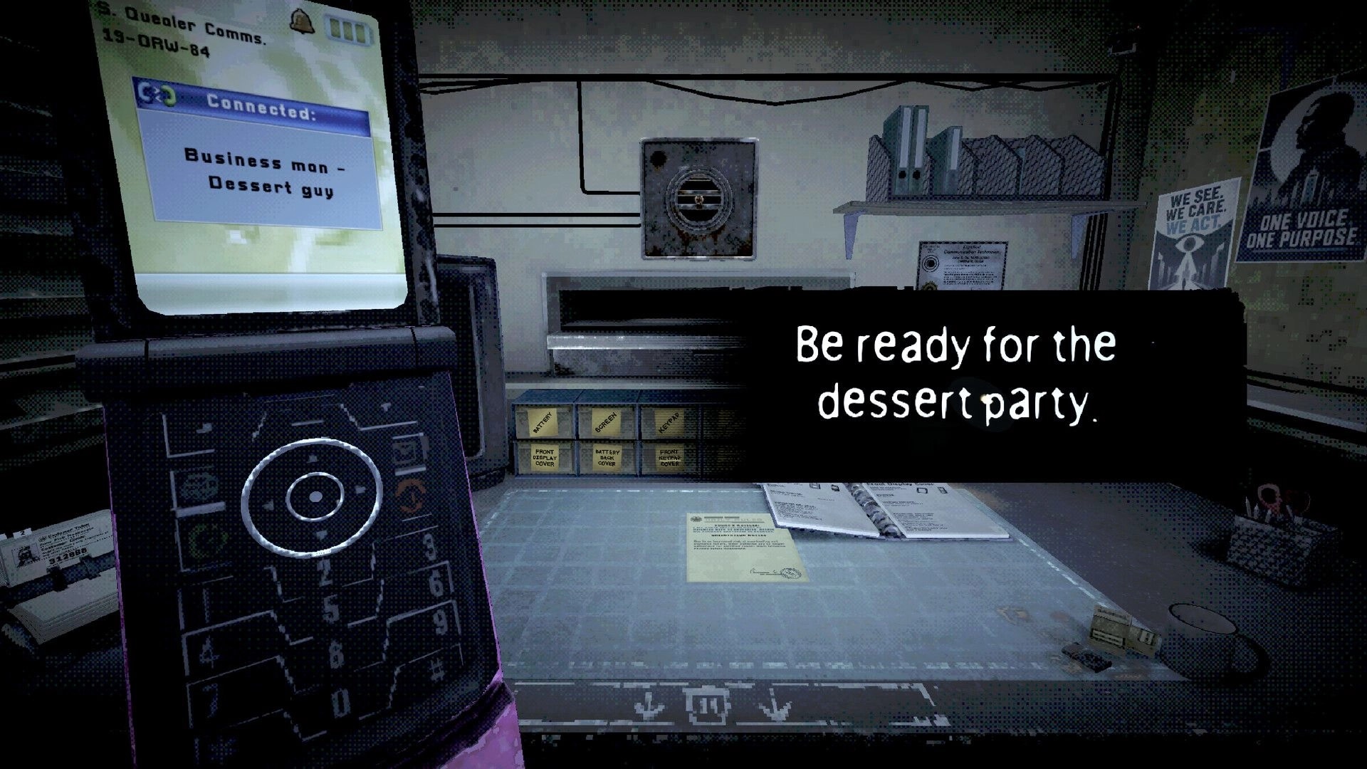 Don’t Pick Up: phone call UI and keypad with message overlay on technician desk in office room.