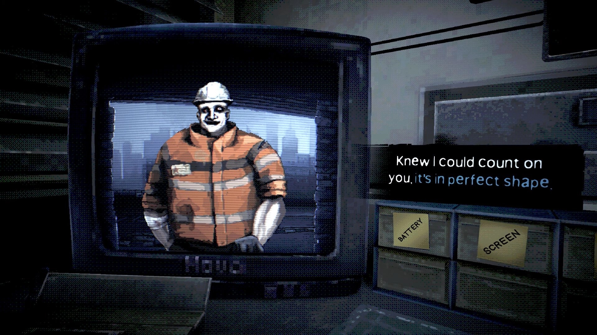Don’t Pick Up: CRT monitor shows a worker in hi-vis jacket, dialogue box in repair room UI.