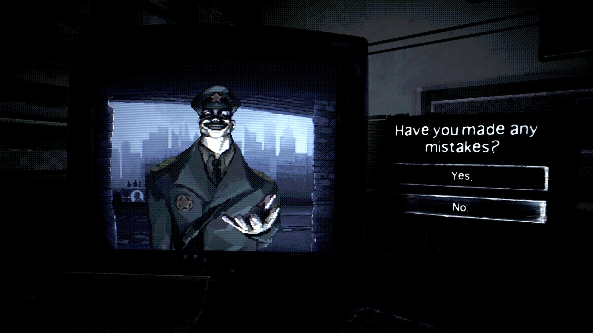 Don’t Pick Up: CCTV view of uniformed officer and dialogue choice “Have you made any mistakes?”.