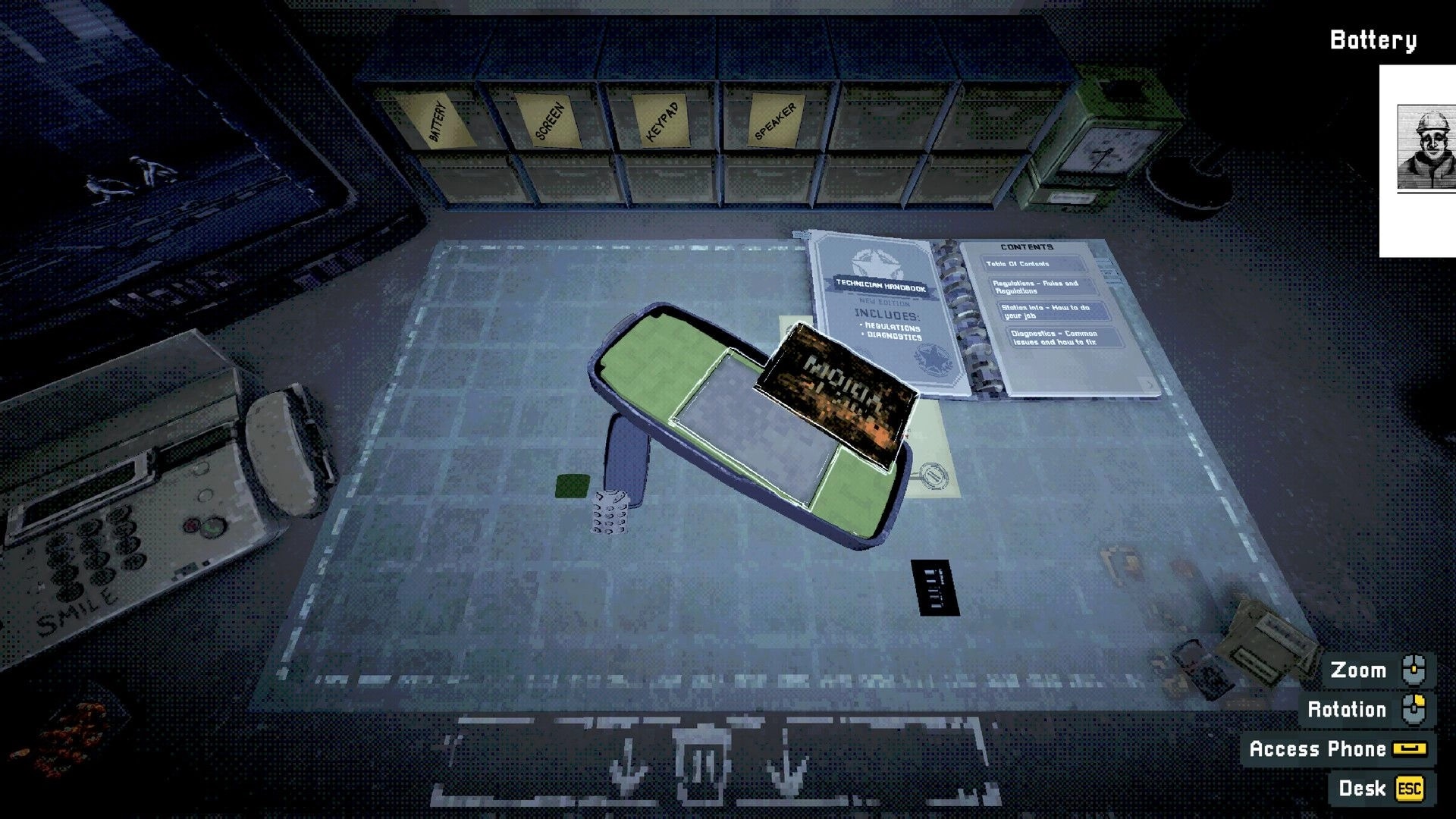 Don’t Pick Up: Phone repair desk with handset and manual, battery UI and zoom/rotate controls in lab.