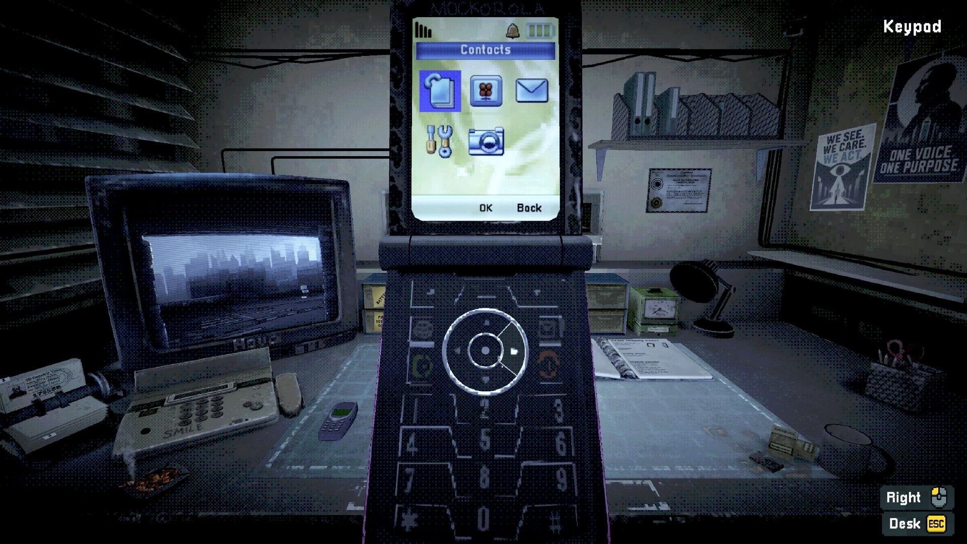 Don’t Pick Up: Phone keypad UI over cluttered office desk with CRT monitor, posters, and files.