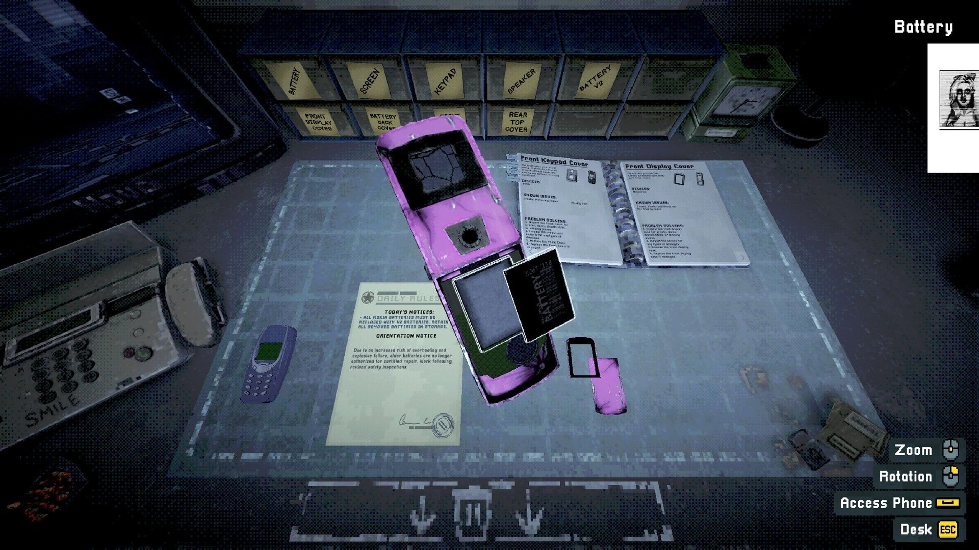 Don’t Pick Up: Battery repair with phone parts and manuals on a cluttered technician desk UI.