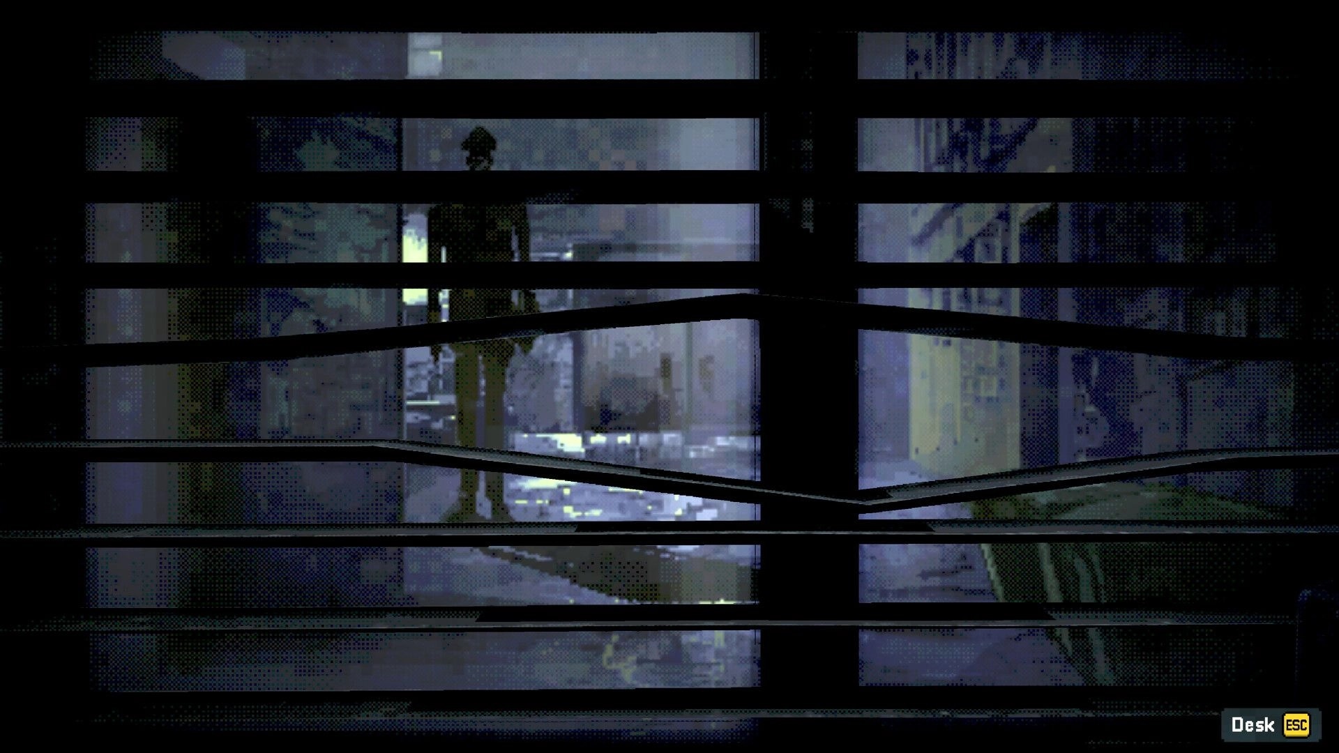 Don’t Pick Up: Shadowy figure seen through window blinds in a dim room, with Desk ESC prompt UI.