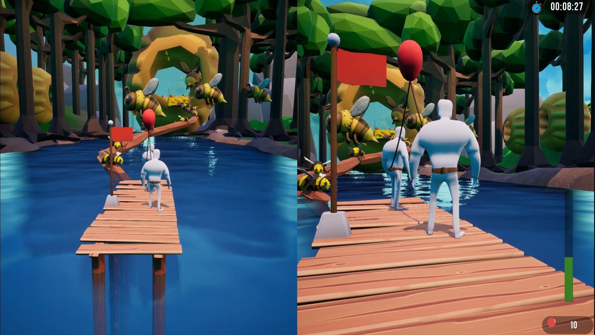 Don’t Pop The Balloon: Split-screen co-op crossing a dock over water, bees swarm near red flags and balloon UI.