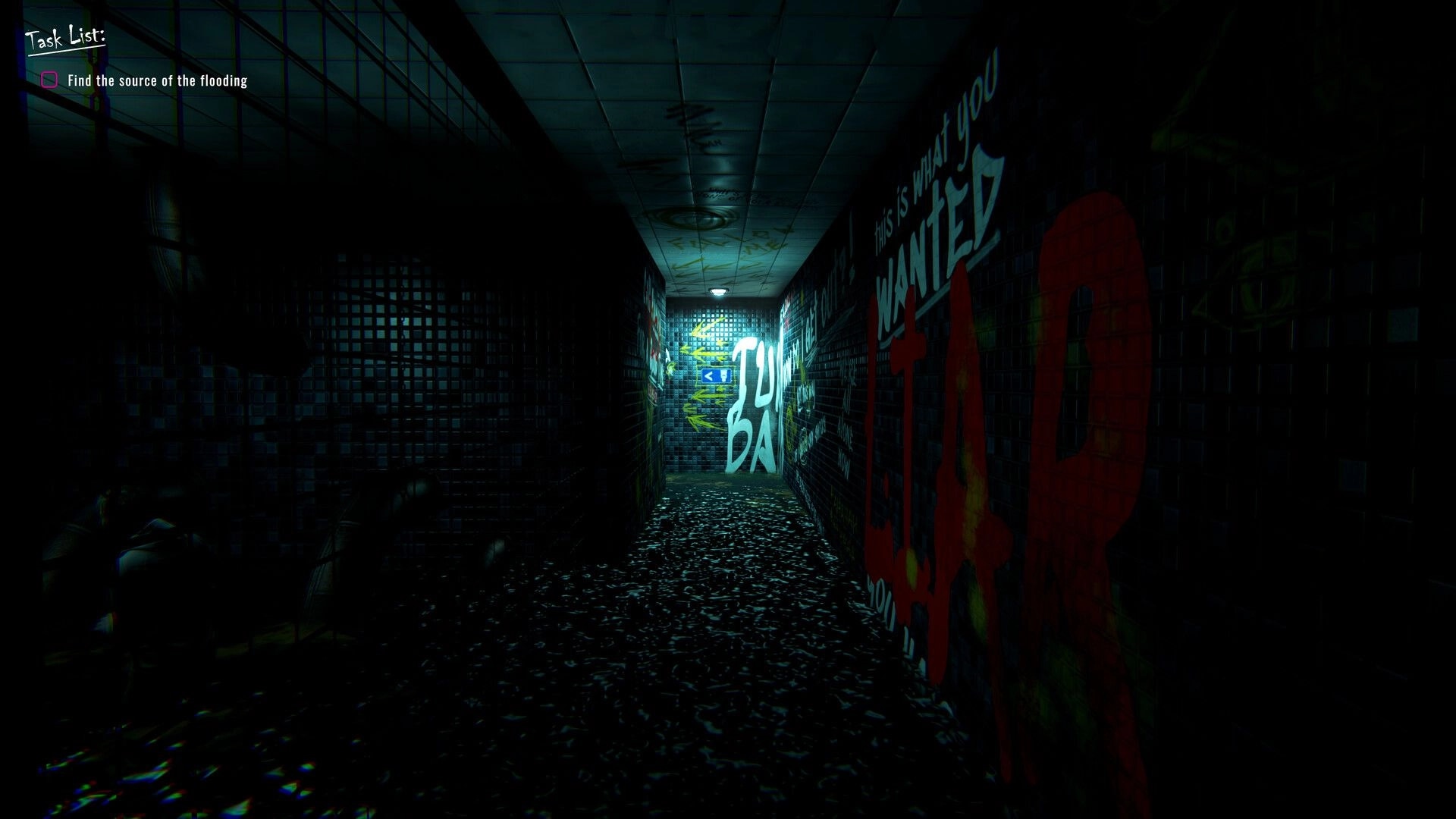 DONUT PANIC: Task list UI over a flooded graffiti hallway, lit by a single ceiling light ahead.
