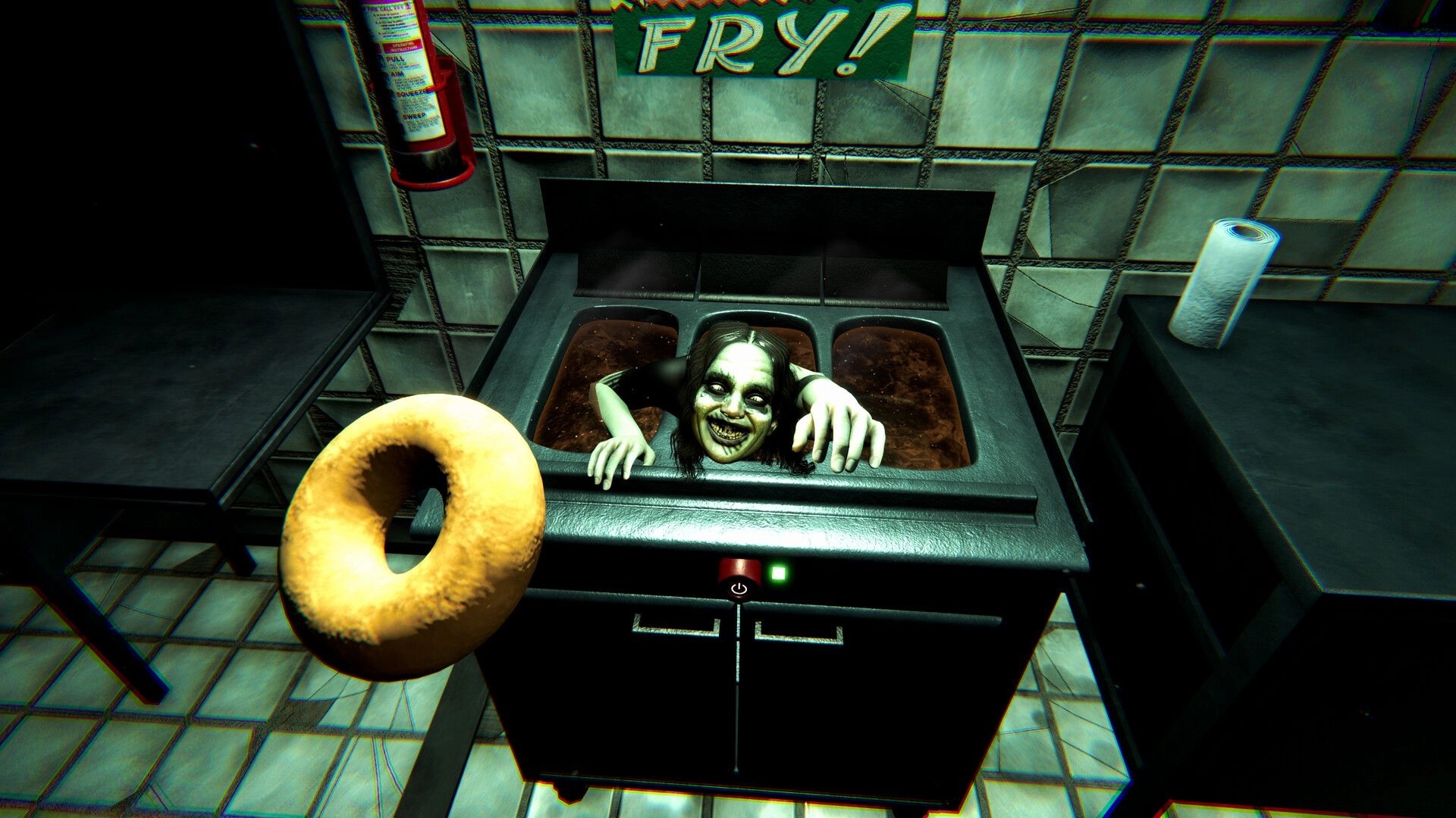 DONUT PANIC: Holding a plain donut as a creepy face rises from fryer vats in a tiled kitchen station.