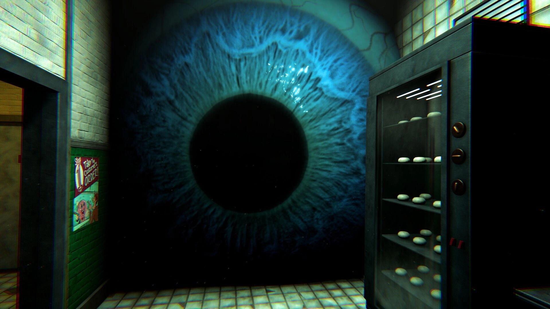 DONUT PANIC: Giant blue eyeball anomaly fills hallway beside donut display case in back room.