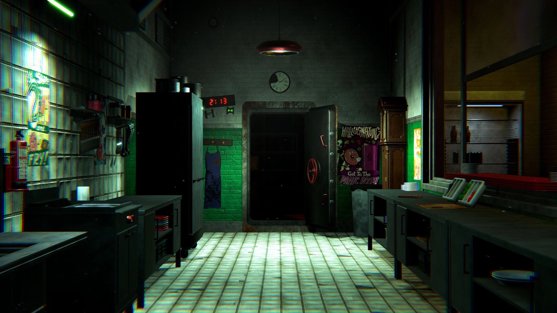 DONUT PANIC: Open vault-like panic room door in a grimy donut kitchen with prep counters and posters.