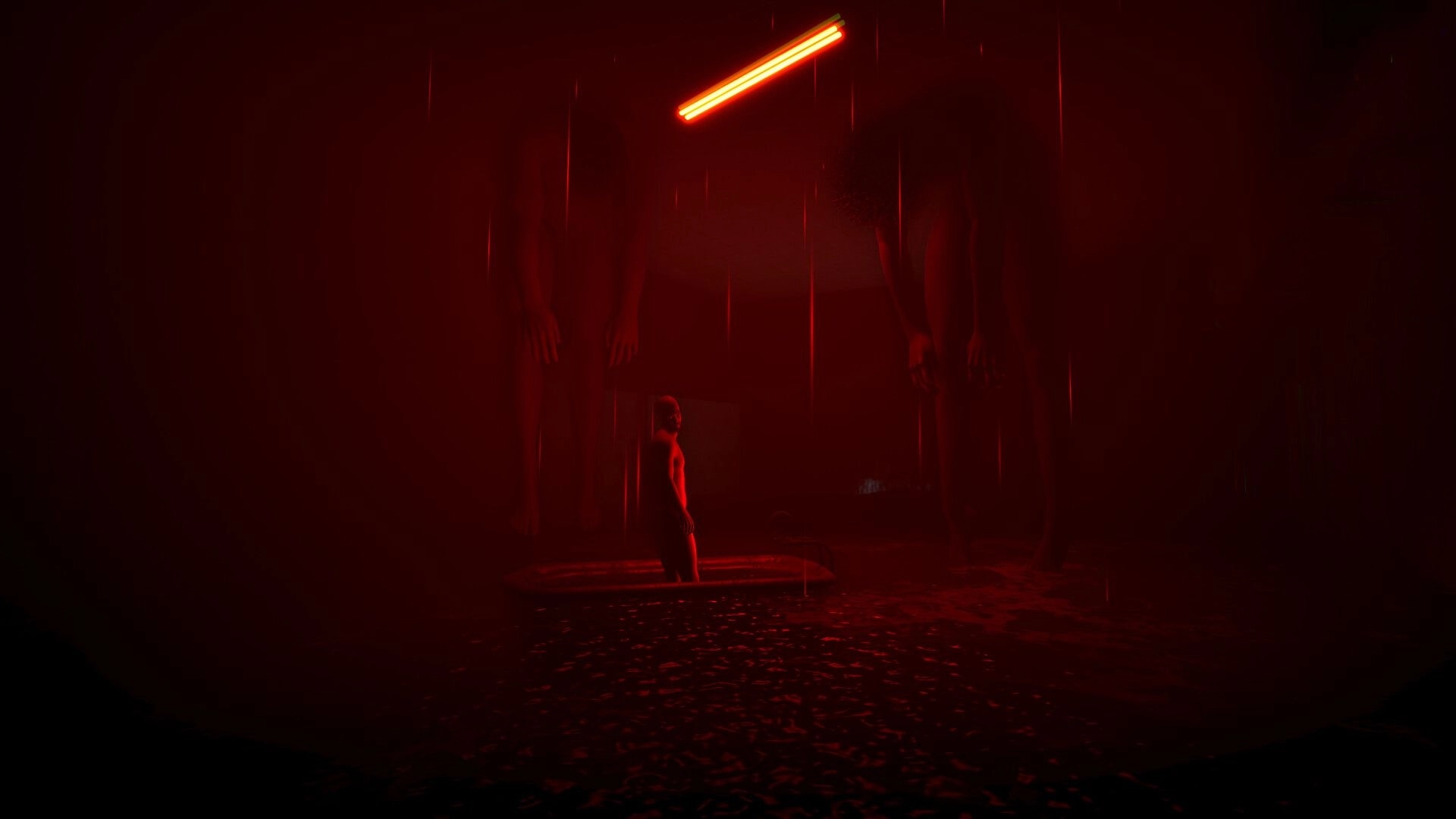 DONUT PANIC: Player stands in a red-lit room as giant shadowy figures loom under neon lights.