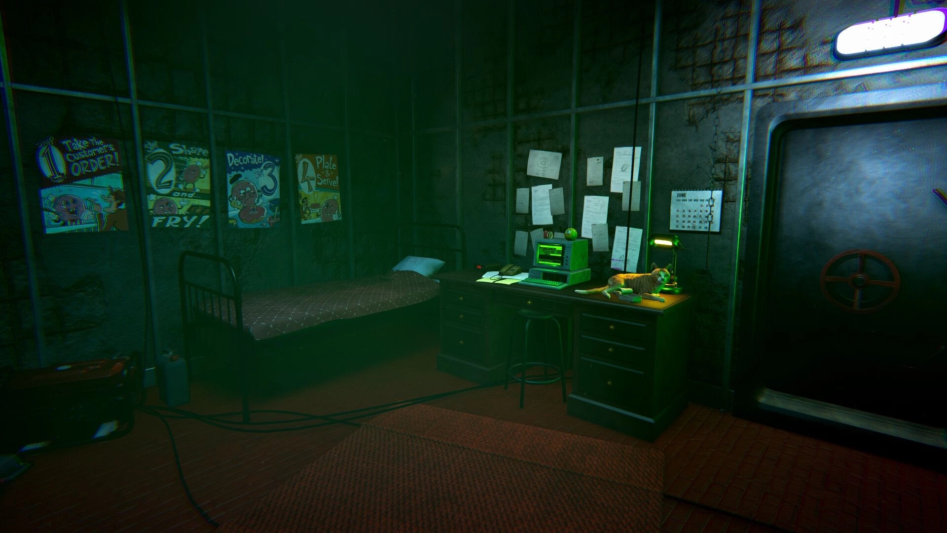 DONUT PANIC: Safe room with bed, posters, desk computer and cat beside a heavy vault door.
