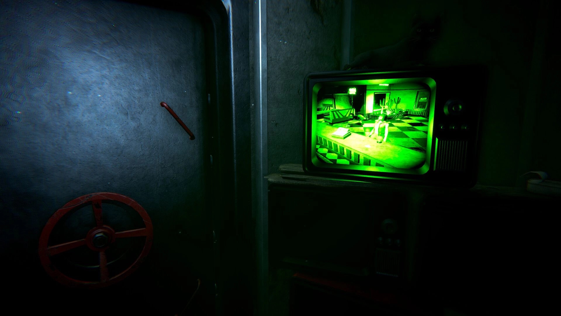 DONUT PANIC: Green security monitor view of a diner counter, seen from a dark room with valve wheel.