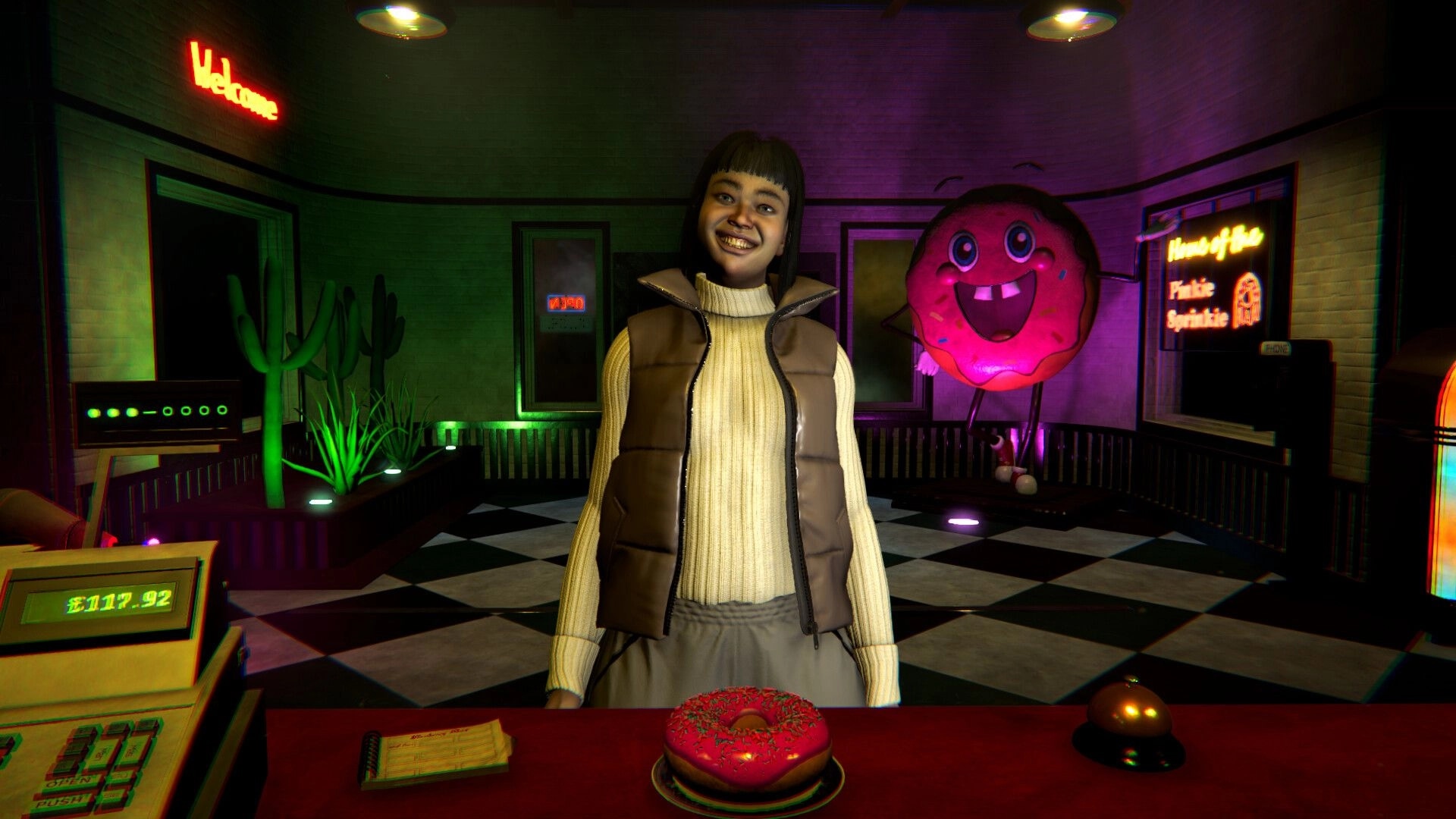 DONUT PANIC: Smiling customer at counter with donut, cash register, and neon-lit donut shop lobby.