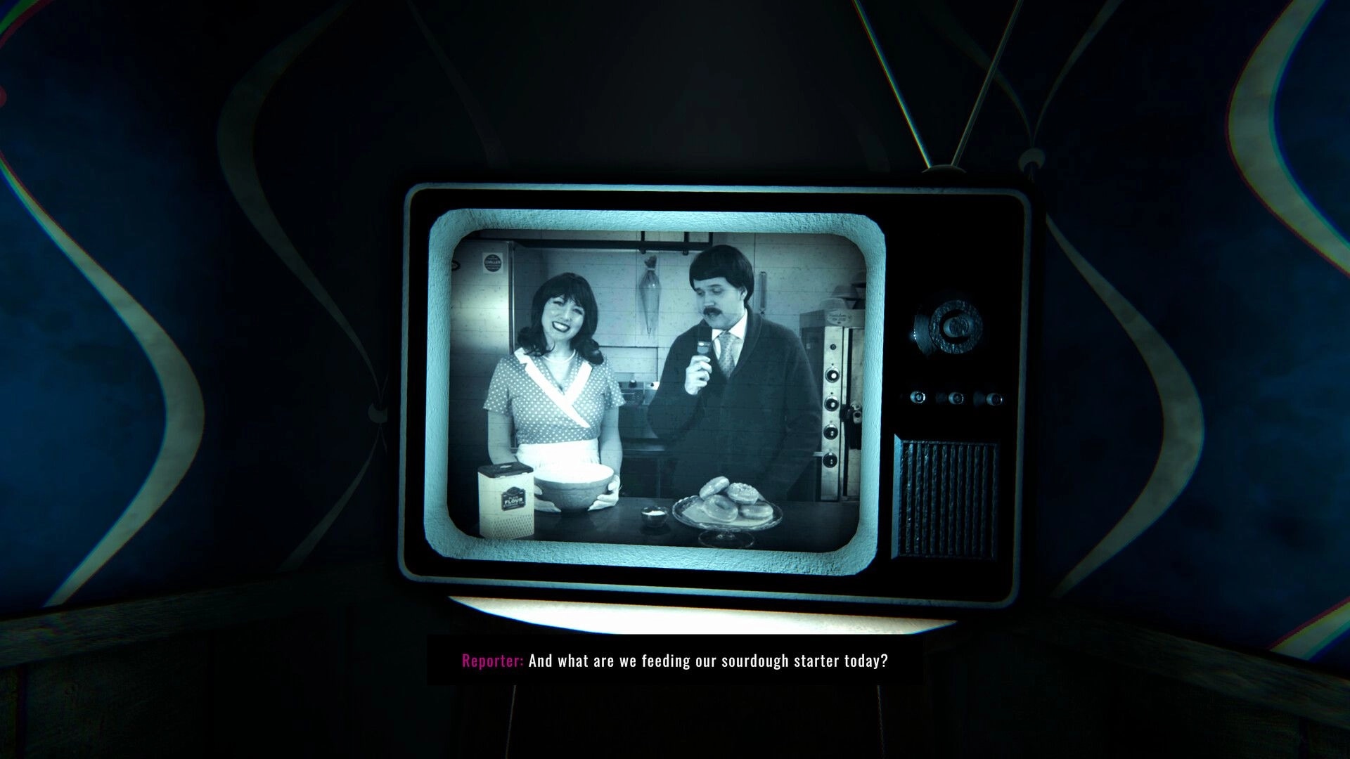 DONUT PANIC: Vintage TV plays black-and-white baking show with hosts and donuts in dark room.