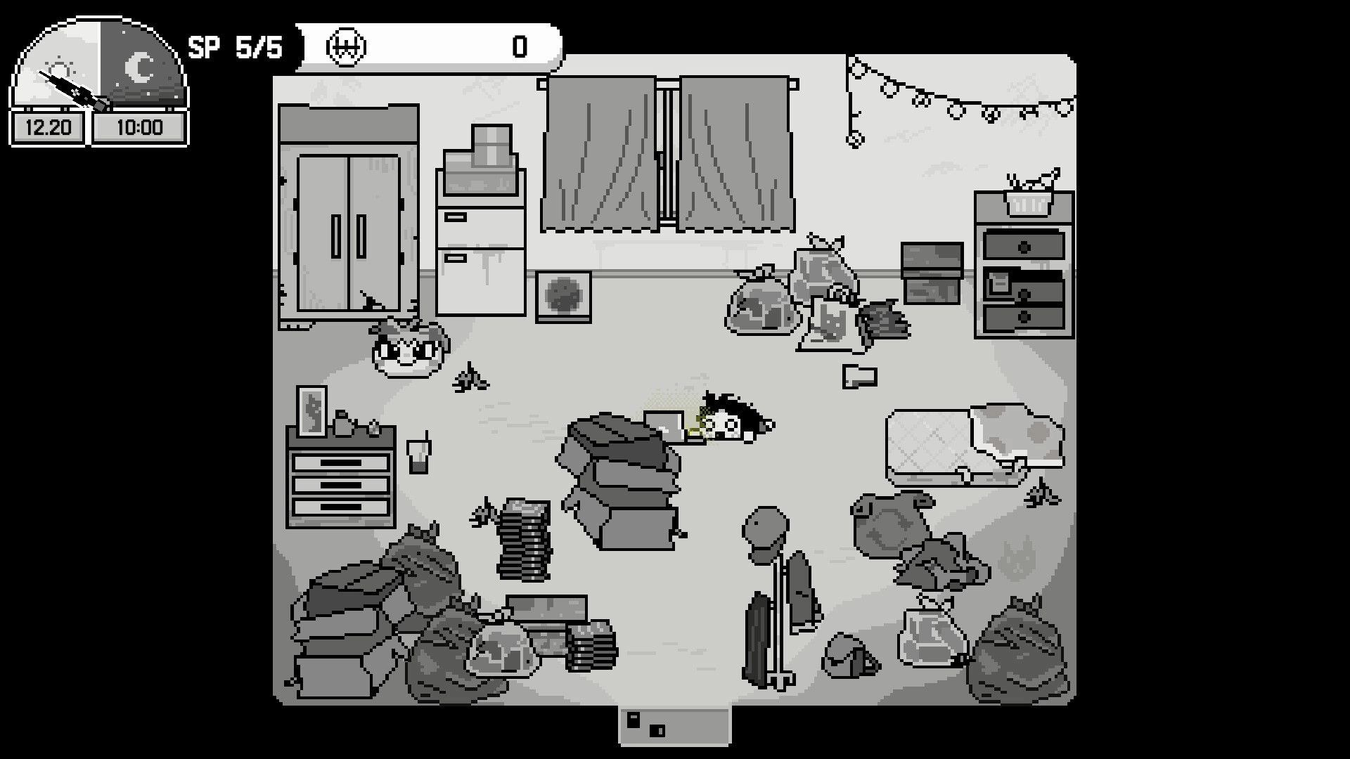 Doomed Otaku: Character browsing laptop in cluttered room with inventory and time displayed