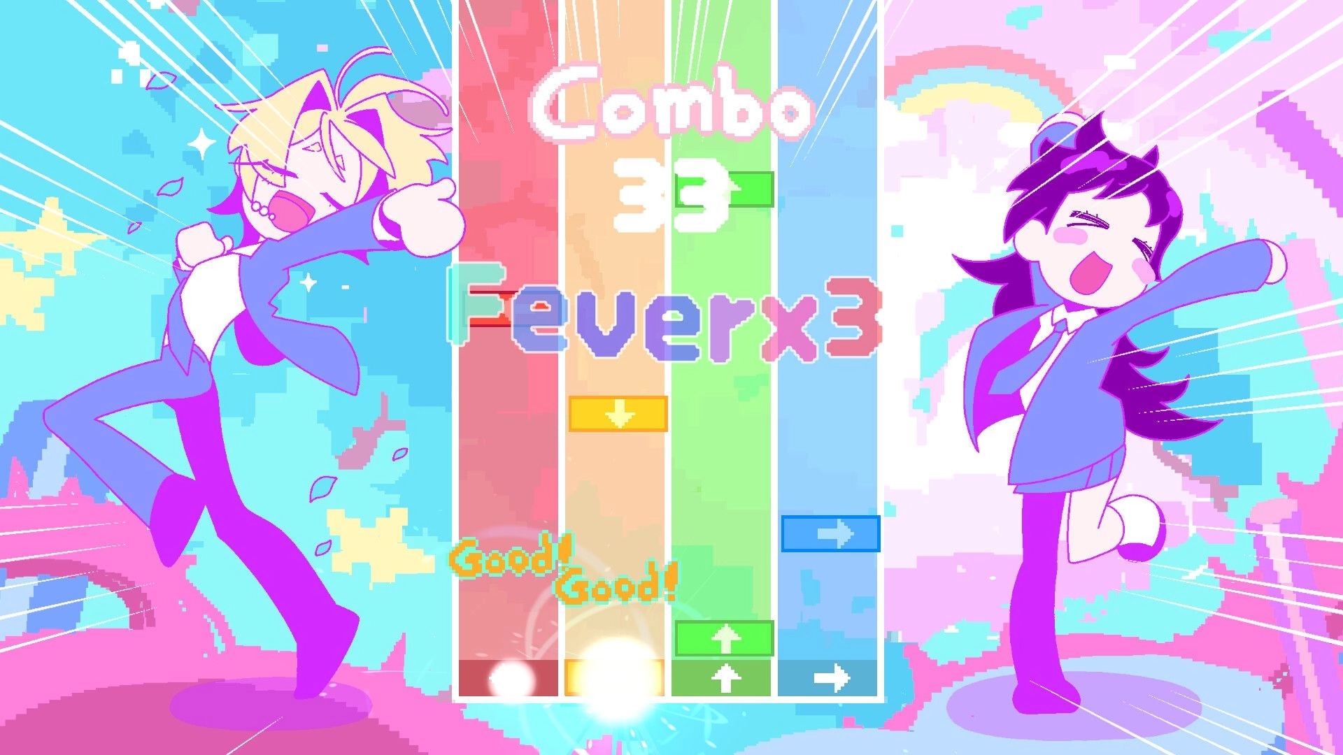 Doomed Otaku: Two characters celebrating a combo score of 33 in a colorful rhythm game interface