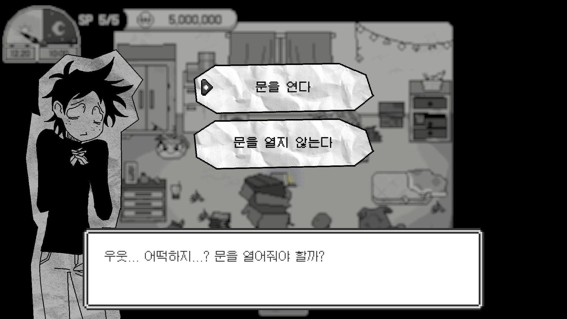 Doomed Otaku: Character choice dilemma in cluttered room with dialogue box and two decision options.