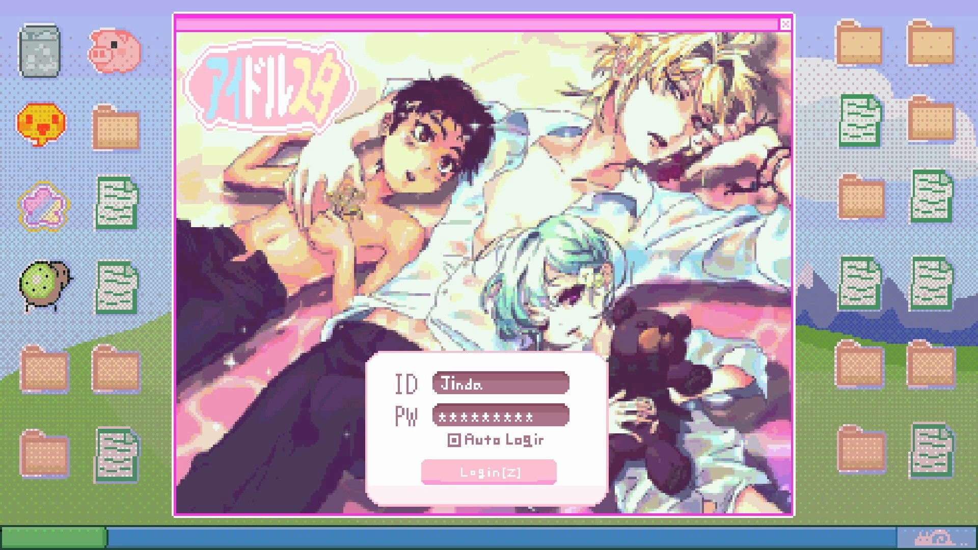 Doomed Otaku: Login screen with colorful desktop icons and anime characters lounging on pink bedding