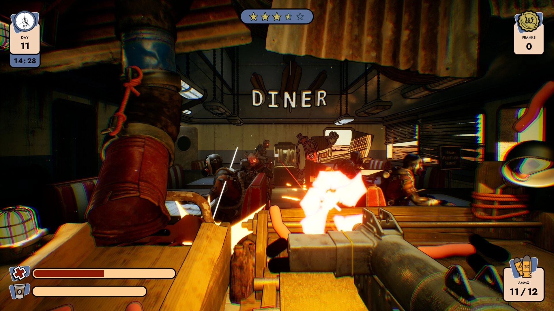 Doomsday Diner: Gunfight with raiders inside a chaotic diner, hot dogs flying, UI shows health and ammo.