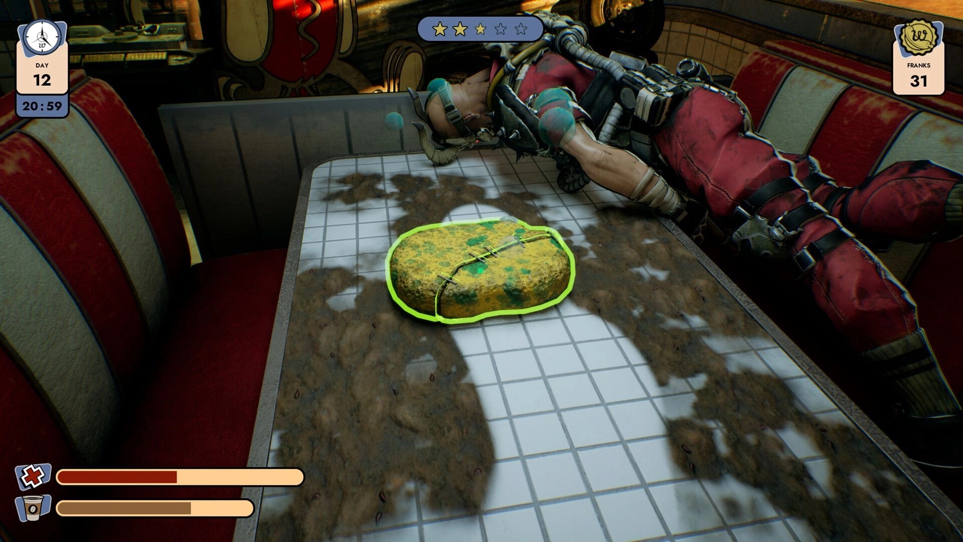 Doomsday Diner: Raider unconscious on filthy diner table with moldy food, health bars displayed