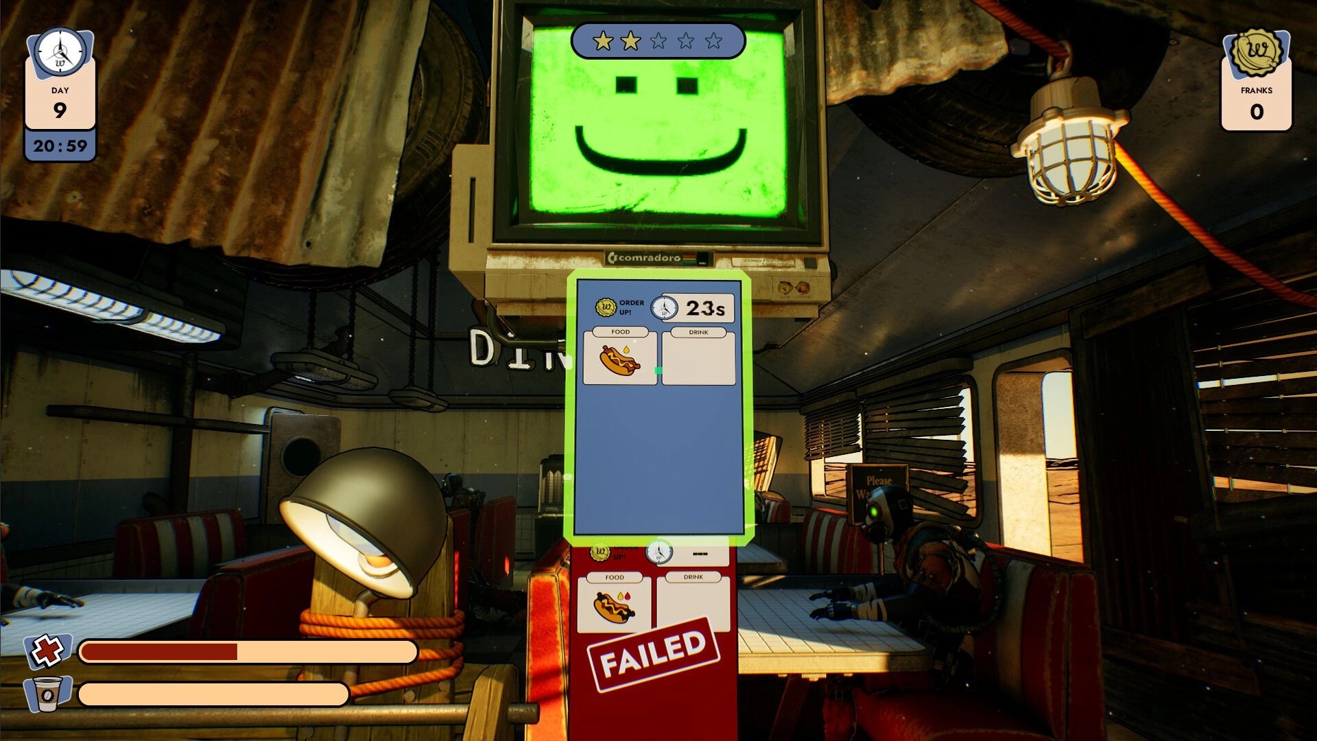 Doomsday Diner: Order failure with timer and smiley face on screen in retro-futuristic diner setting