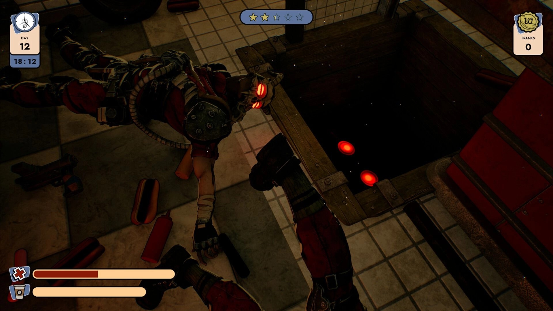 Doomsday Diner: Raider lies defeated on tiled floor with scattered hot dogs near ominous dark pit.