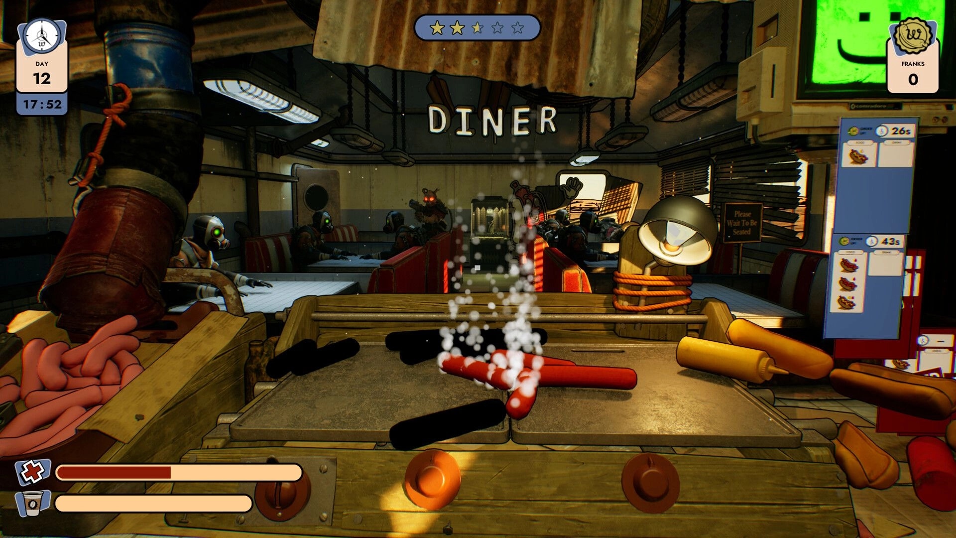 Doomsday Diner: Grilling hot dogs behind counter while masked raiders sit in dim, chaotic diner setting.