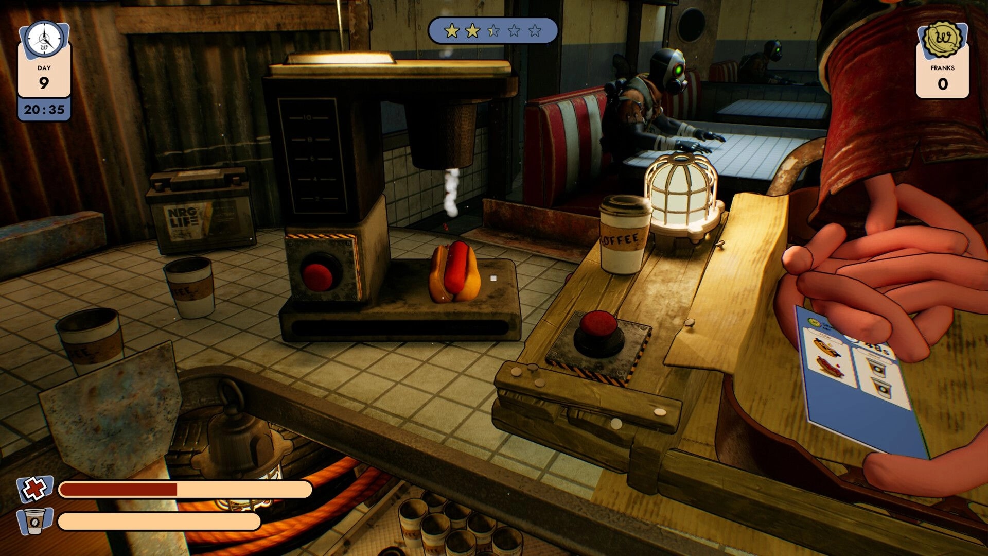 Doomsday Diner: Preparing hot dogs and coffee with raiders seated in a grungy diner booth environment.
