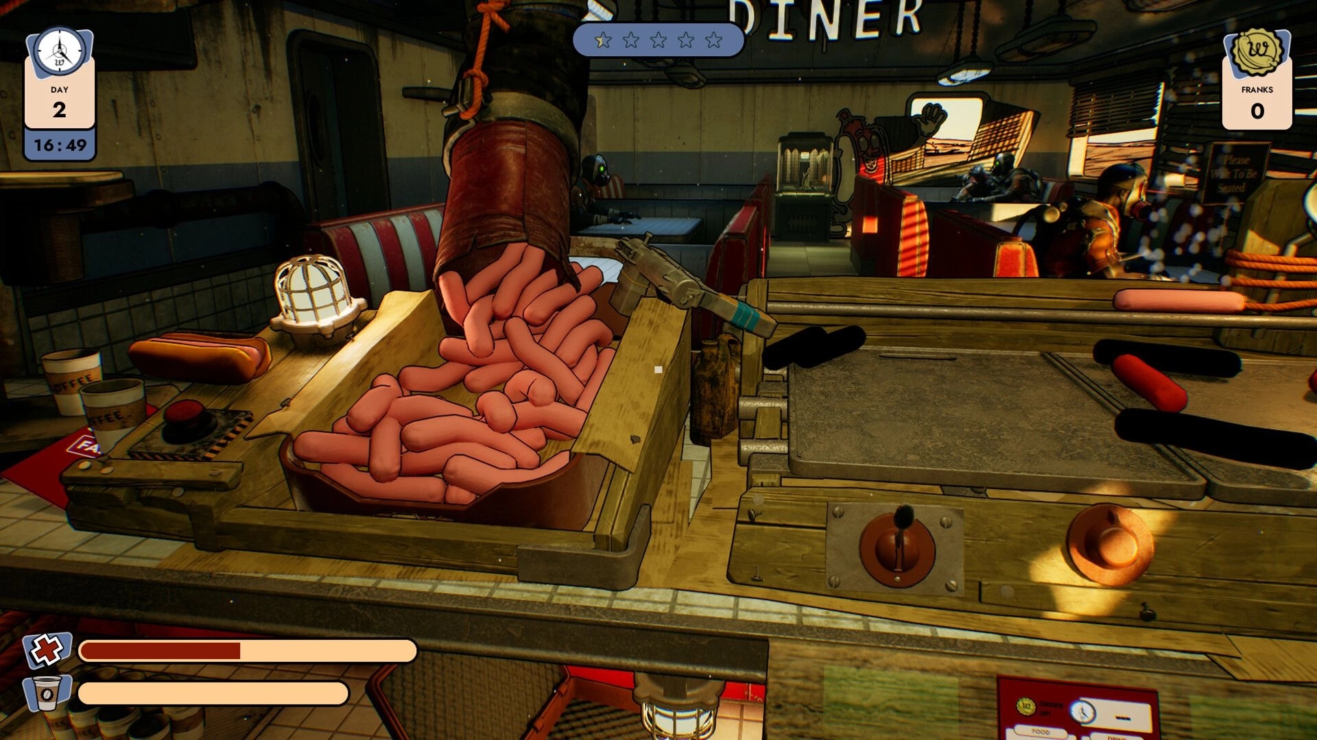 Doomsday Diner: Pile of sausages on counter with raiders in diner booth, preparing hot dogs for serving.