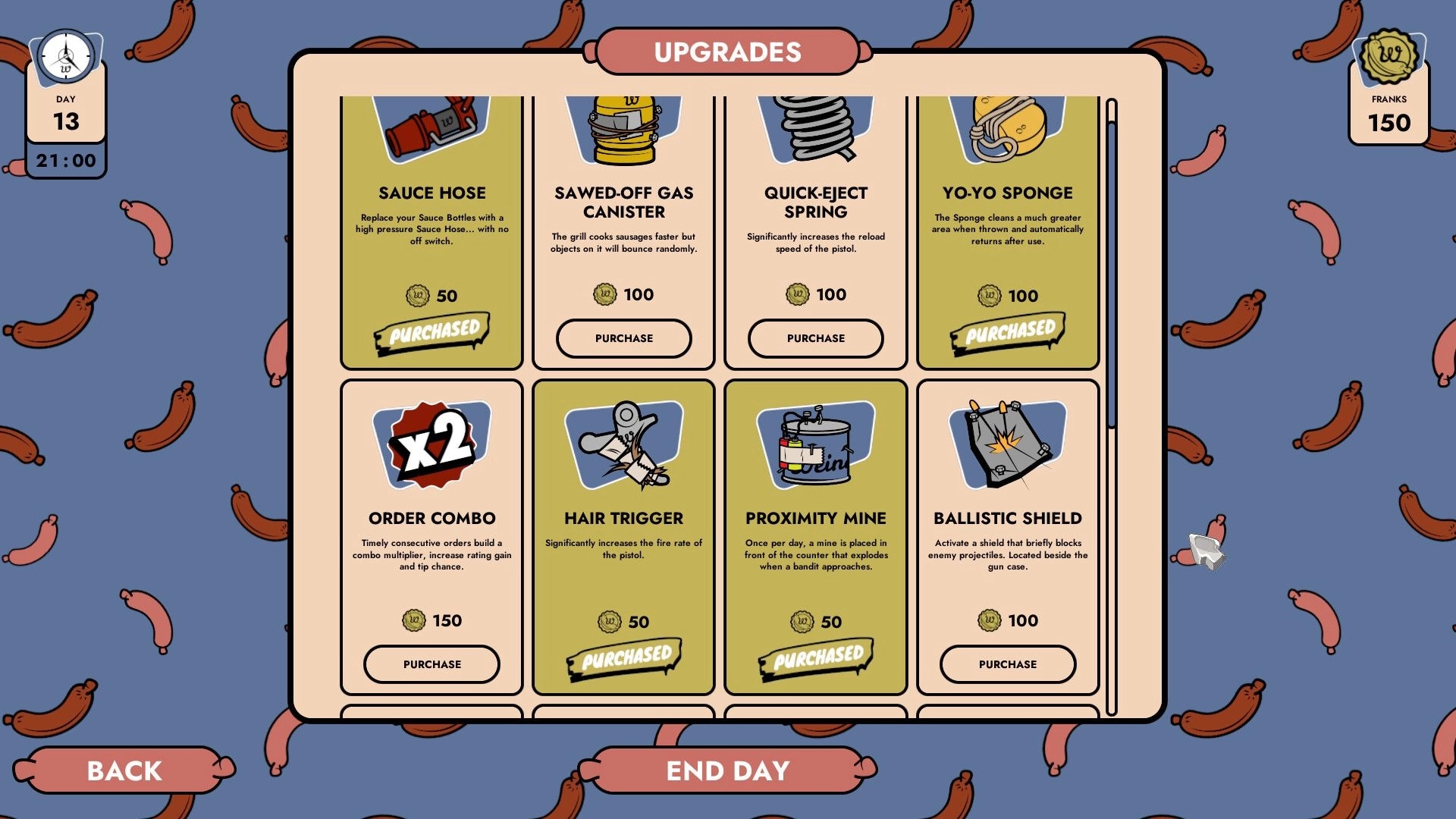 Doomsday Diner: Upgrade menu with various purchasable items, including Sauce Hose and Ballistic Shield.