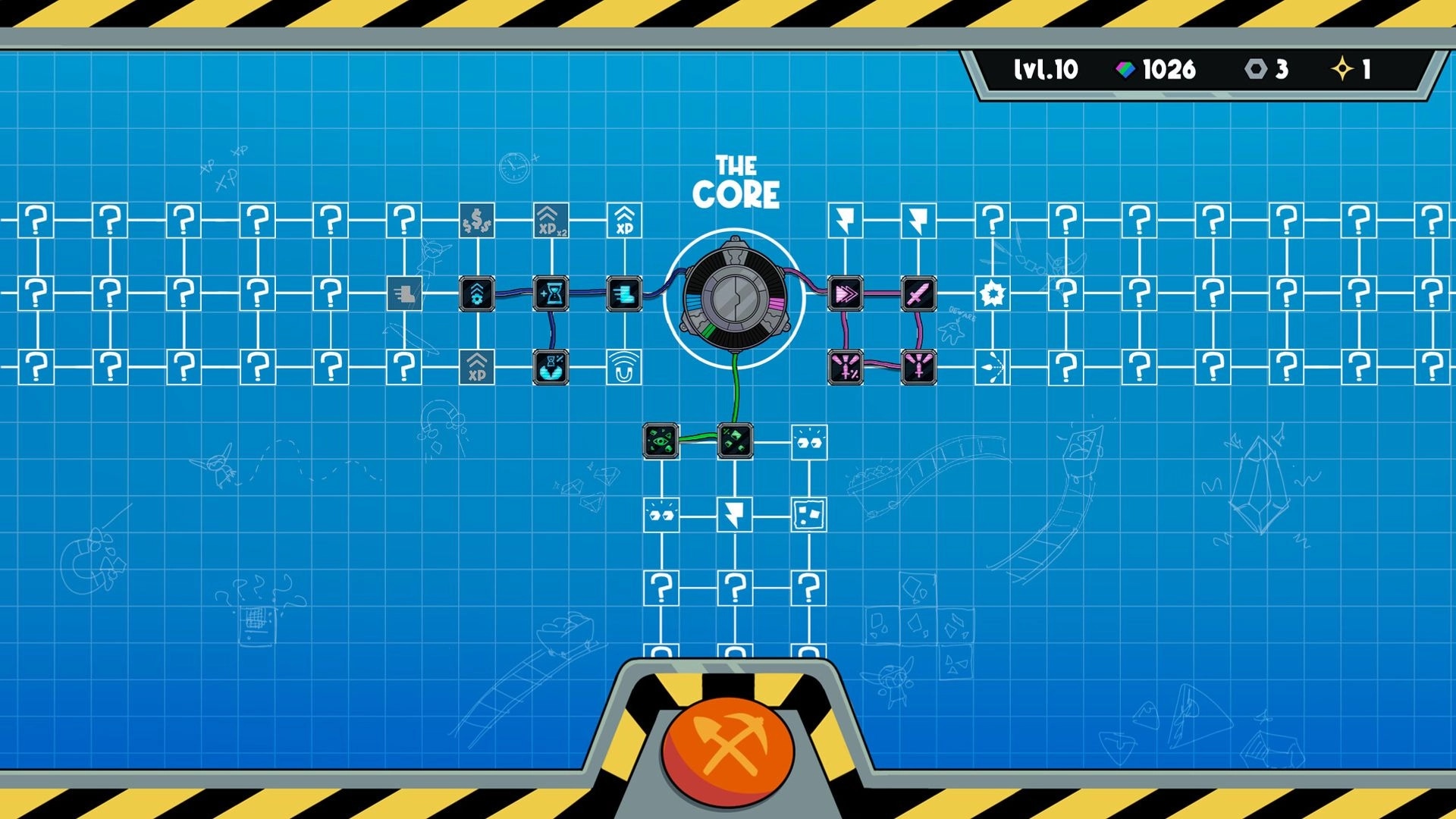 DOPAMINER: Skill tree screen with branching nodes around The Core on a blue blueprint grid background.