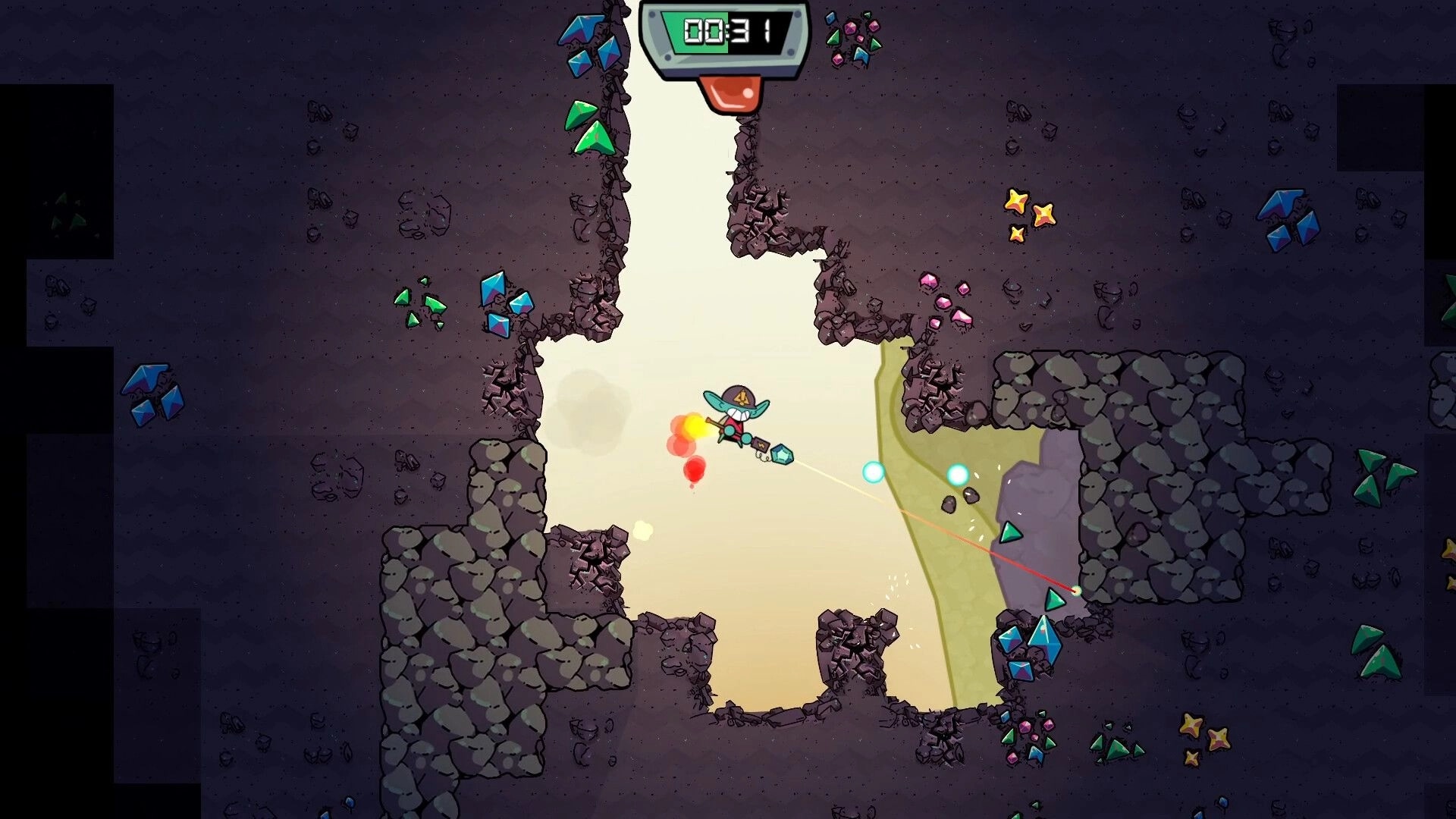 DOPAMINER: Miner drills through narrow tunnel, gem clusters and timer UI in dark cave corridors.