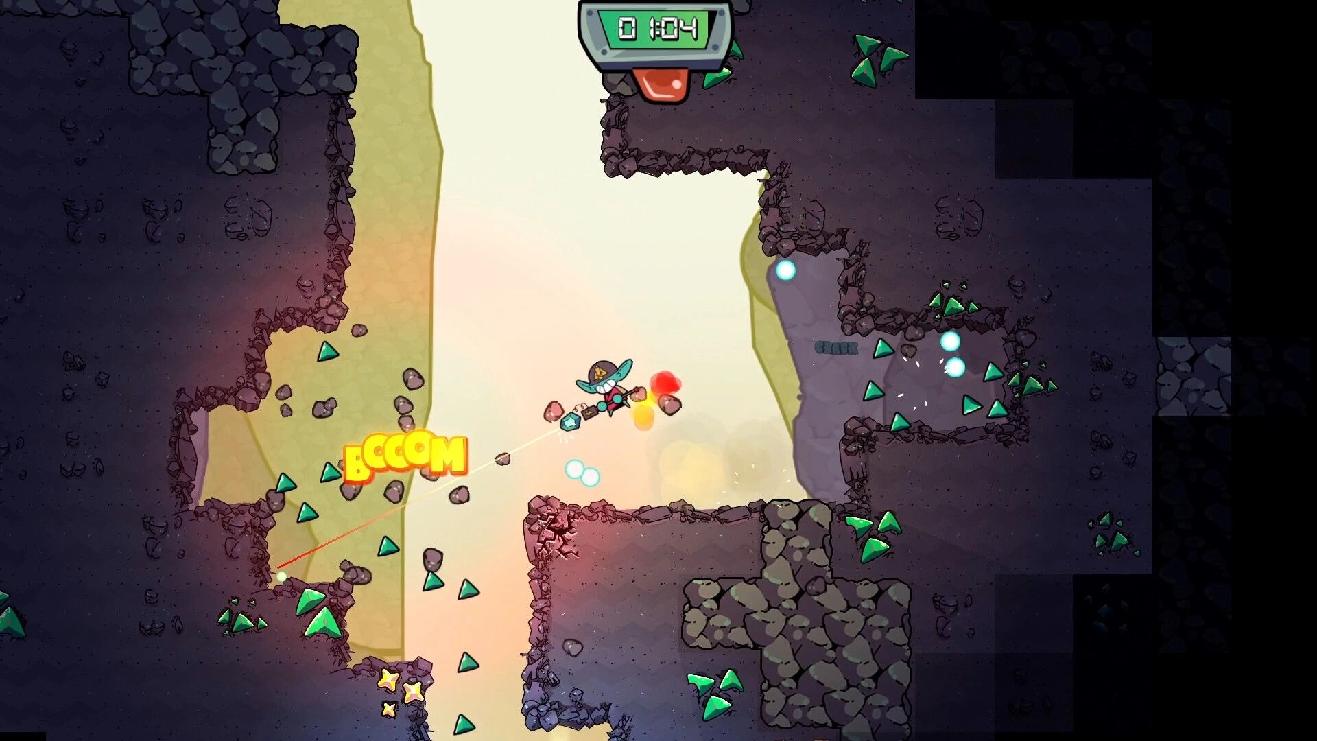 DOPAMINER: Miner blasts rock tunnel as gems scatter, timer at top in glowing cave shafts.