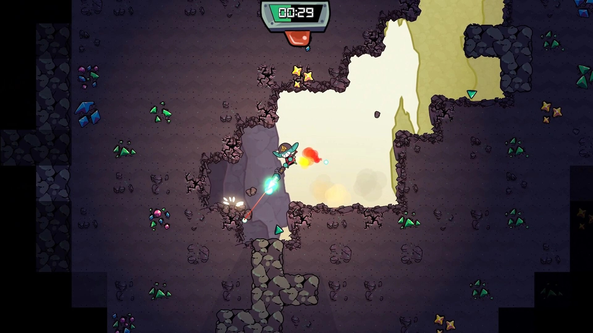 DOPAMINER: Miner blasts rock wall with jetpack and laser, timer at top in dark gem-filled cave.