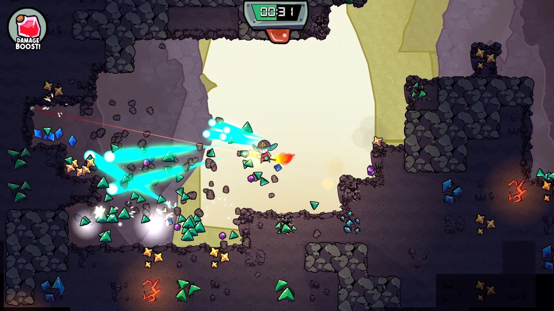 DOPAMINER: Miner fires blue laser blasts to break rocks and collect gems in a cavern mine UI.