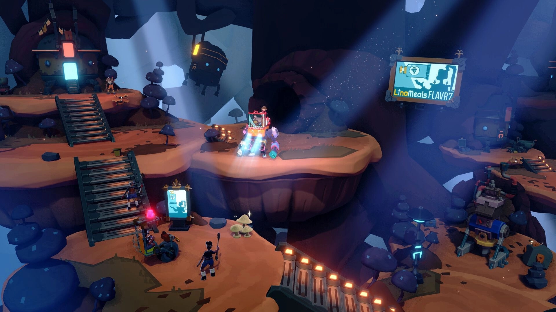 Dosa Divas: Spirit-mech on cliff path near stairs and billboards in glowing mushroom canyon hub
