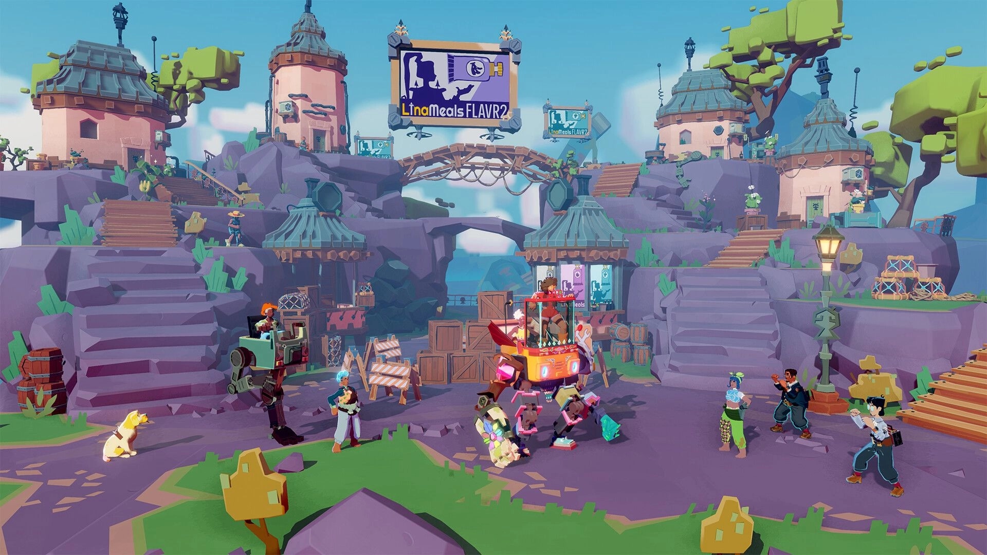Dosa Divas: Colorful party facing enemies beside a spirit-mech in a cliffside town plaza with towers