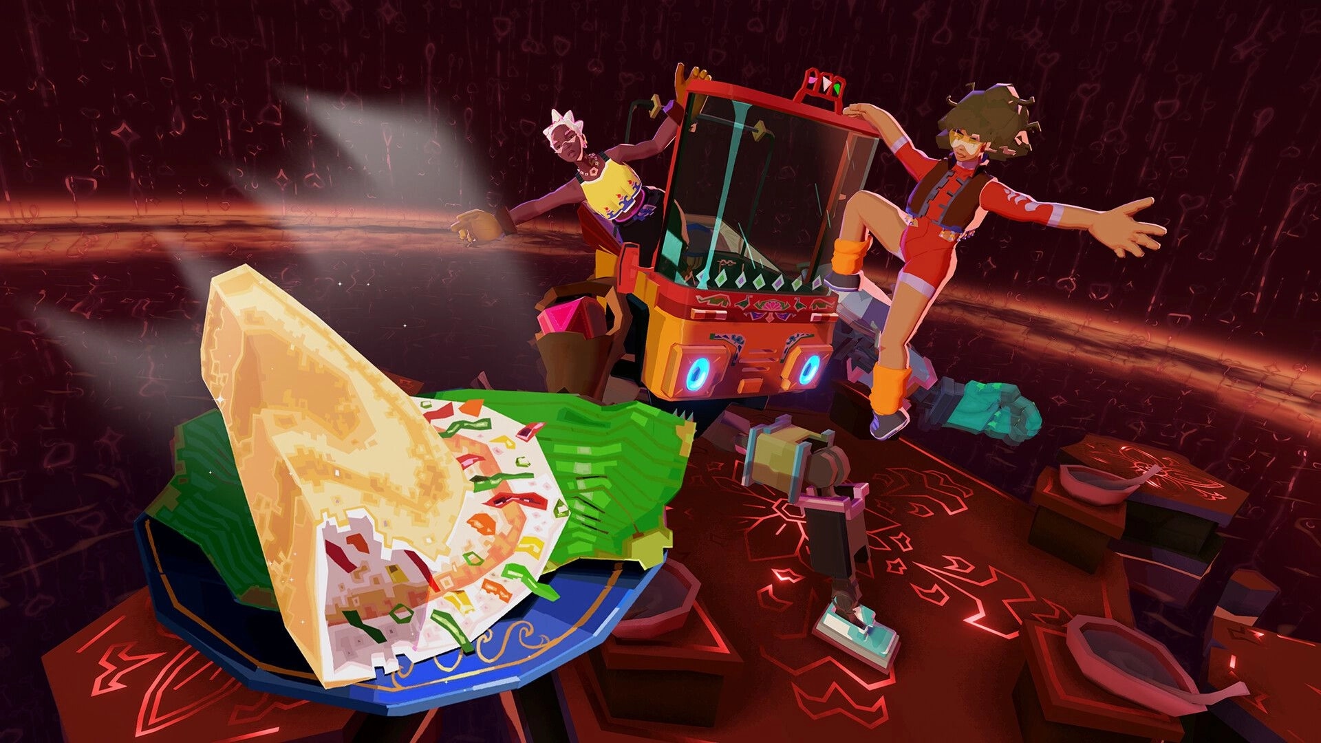 Dosa Divas: Two sisters pose on a colorful spirit-mech beside a giant dosa in a neon arena