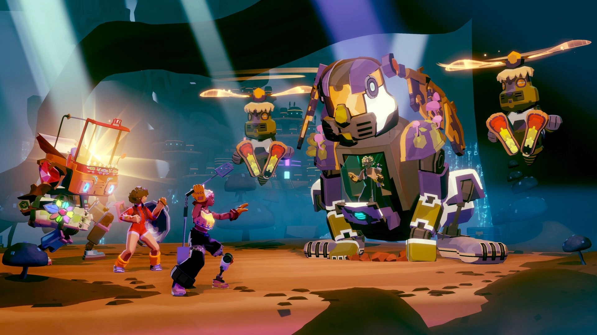 Dosa Divas: Two sisters and a spirit-mech face a giant robot boss in a neon cavern arena