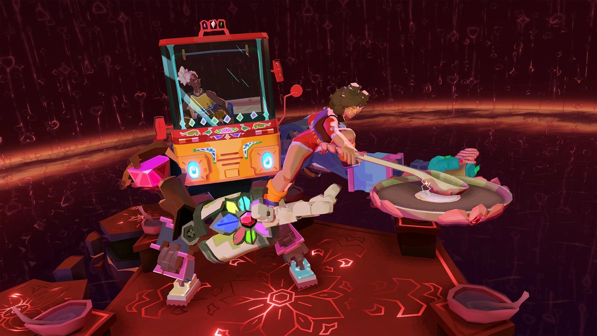 Dosa Divas: Sister cooks on a giant griddle with spatula beside spirit-mech in neon void arena