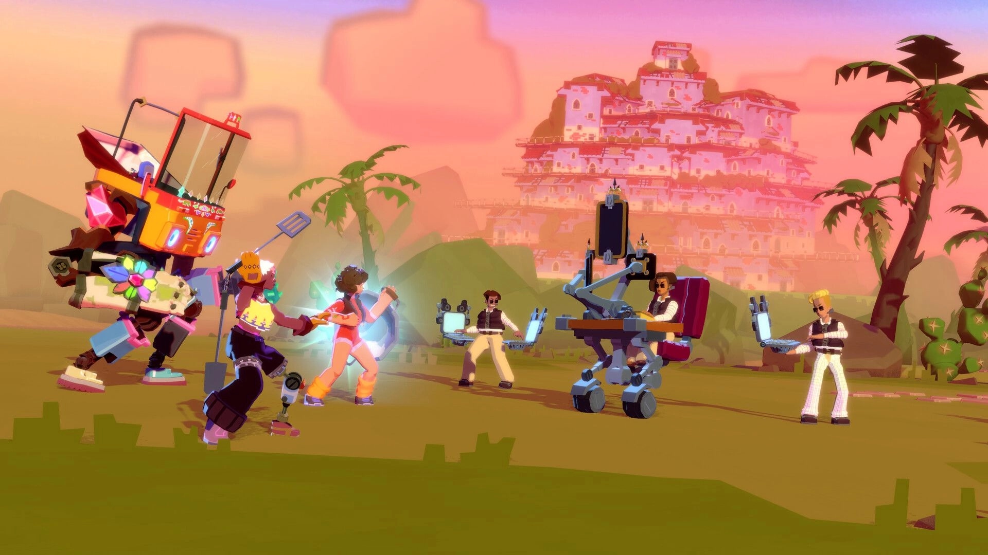 Dosa Divas: Spirit-mech and sisters face suited enemies with gadgets on a sunset tropical field near city