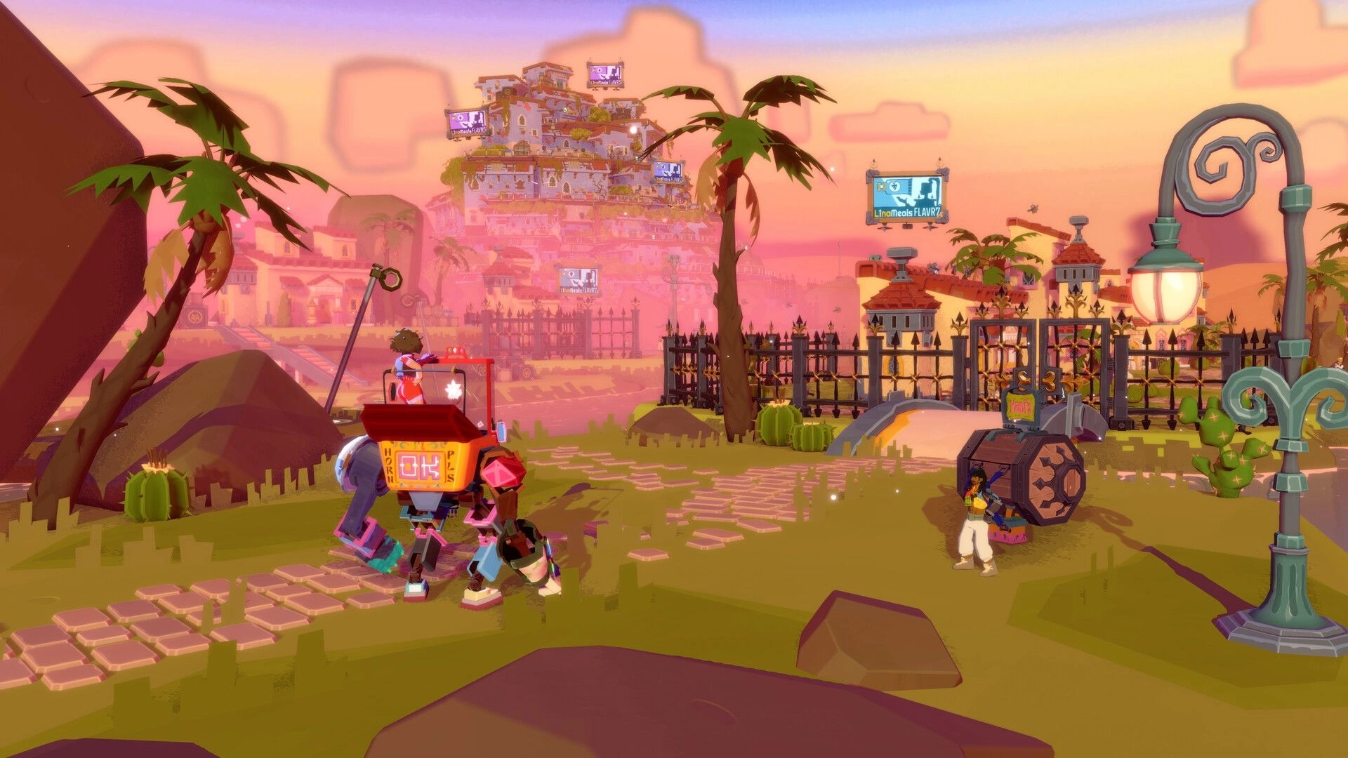 Dosa Divas: Player mech and ally on a path near a gated town with palm trees and billboards at sunset