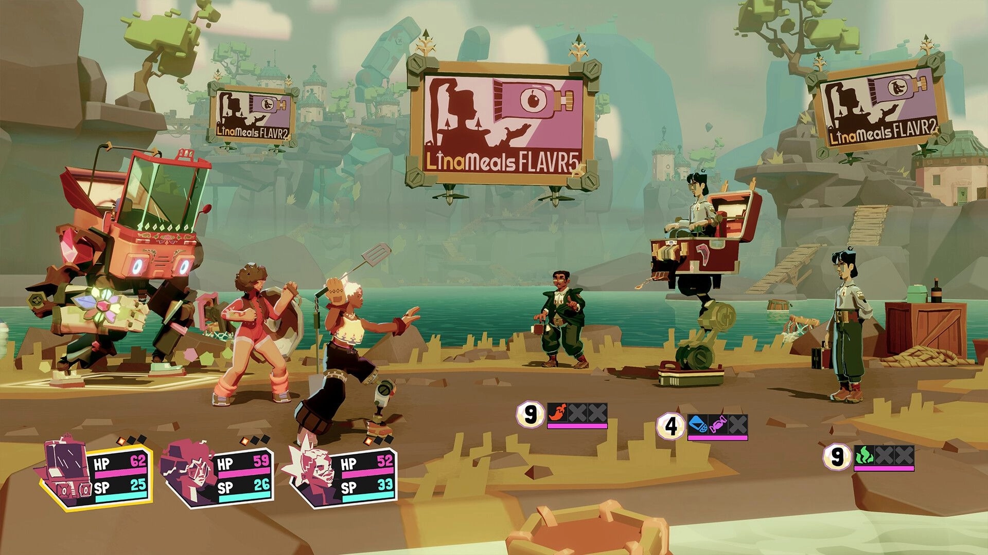 Dosa Divas: Turn-based battle with sisters and spirit-mech facing LinaMeals enemies on a dockside shore