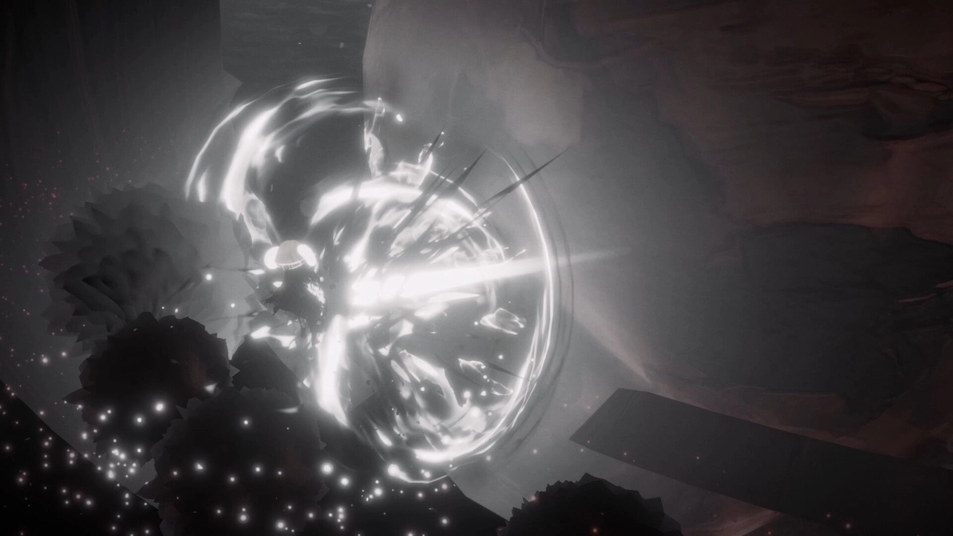 DOSMIC: Bright energy swirl envelops boy in shadowy cavern filled with cosmic particles and dark shapes