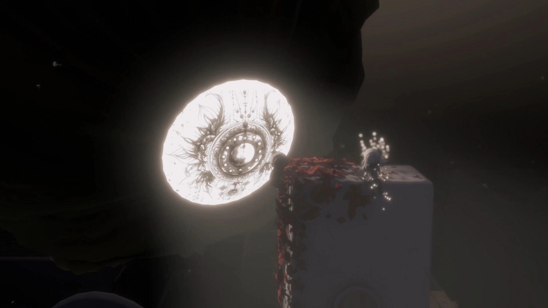 DOSMIC: A boy stands on a cliff edge, illuminated by a glowing cosmic symbol in a dark, mysterious realm.