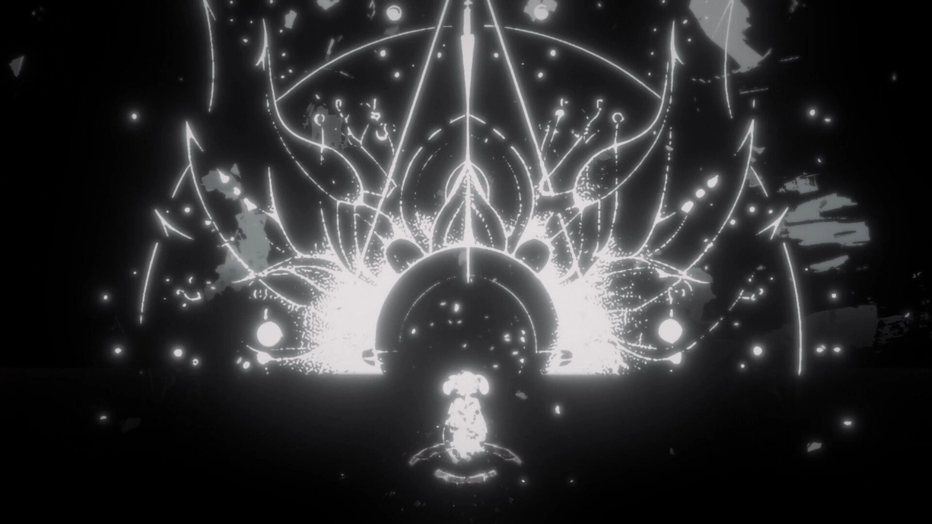DOSMIC: Boy stands before glowing cosmic symbol in dark, mysterious environment filled with sparkles