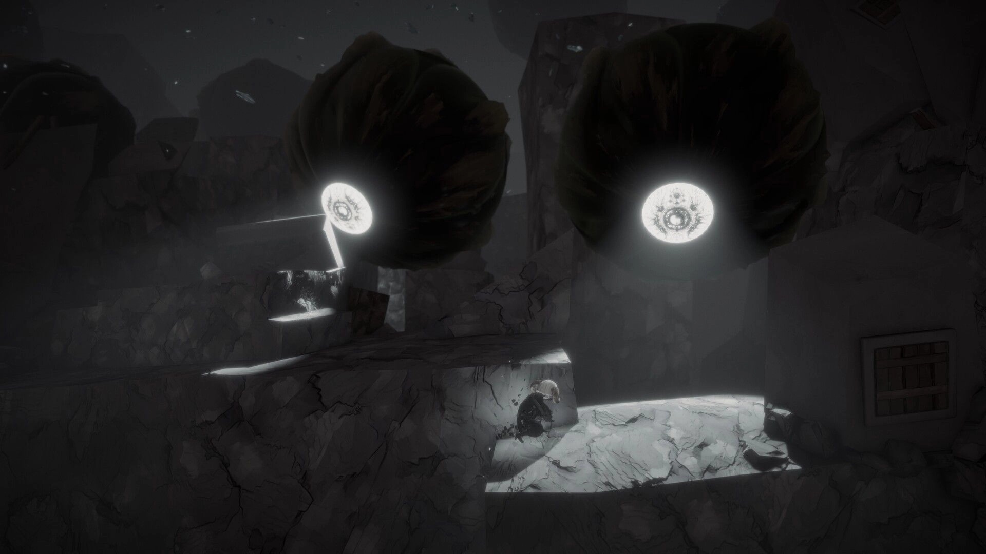 DOSMIC: Boy crouching in shadowy cave with two glowing eyes above, navigating eerie stone environment