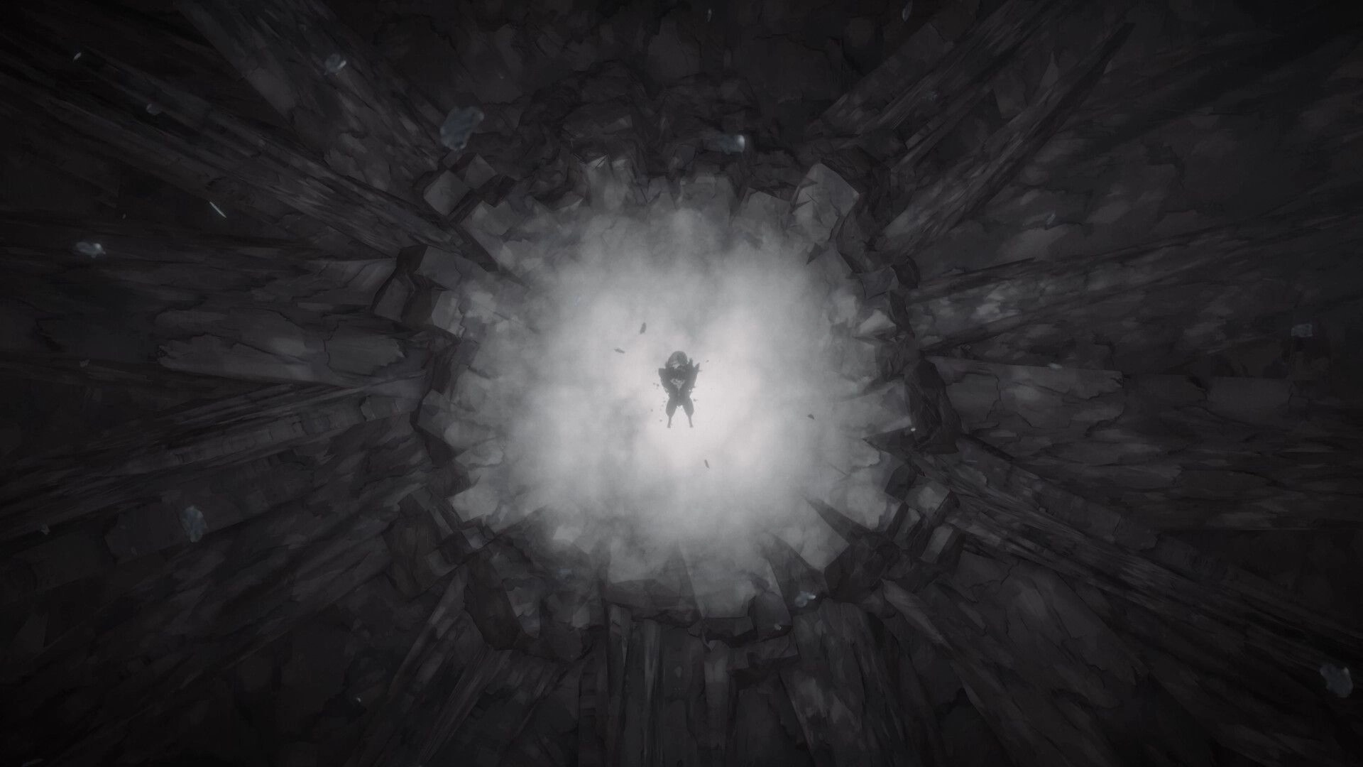 DOSMIC: Lone boy descending through a misty chasm surrounded by jagged dark rocks and eerie shadows