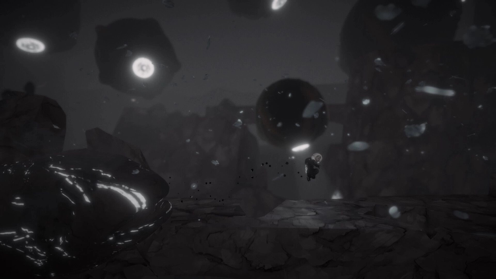 DOSMIC: A boy jumps amidst floating cosmic debris in a dark, mysterious landscape with glowing orbs.